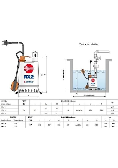 Pedrollo Rxm 1 Flatörlü Full Paslanmaz Drenaj Dalgıç Pompa Monofaze 220 Volt 7.5 Mss 9.6 M³/h