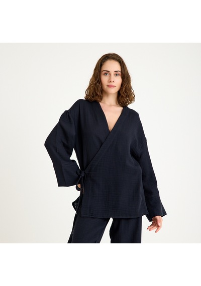 Miespiga %100 Pamuklu Dokuma İçten Bağlamalı Müslin Kimono-pantolon Alt Üst Takım Siyah