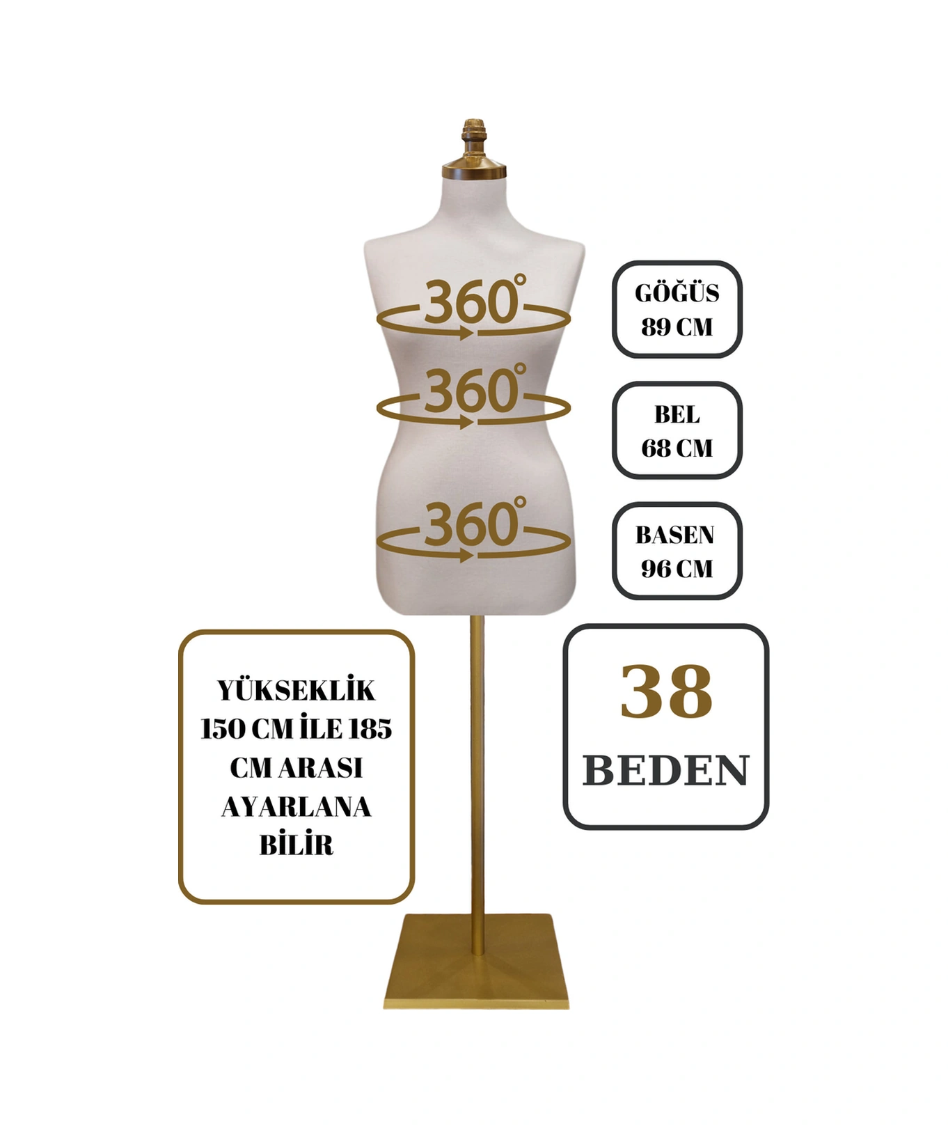 38 Beden Iğne Batabilen Terzi Mankeni Prova Mankeni Sünger Manken Gold Ayaklı Beyaz Kumaş Po-01