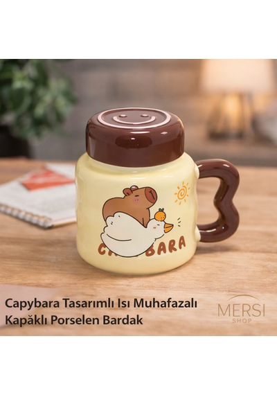 Capybara Tasarımlı Kapaklı Porselen Kupa Bardak Isı Muhafazalı Sevimli Kupa Kahverengi