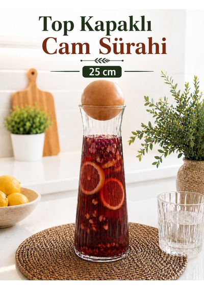 Top Kapaklı Pinterest Cam Sürahi - Dekoratif Karaf Borosilikat Limonata Meşrubat Şişesi Vazo