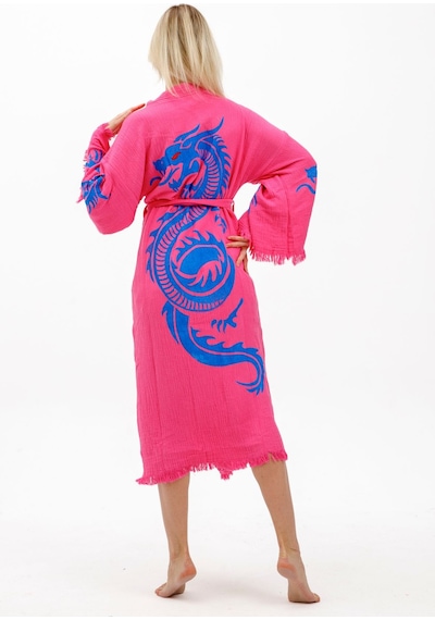 Befera Dragon Müslin Kimono Pamuklu Ejderha Baskılı Desenli Bornoz Kaftan Sabahlık Fuşya