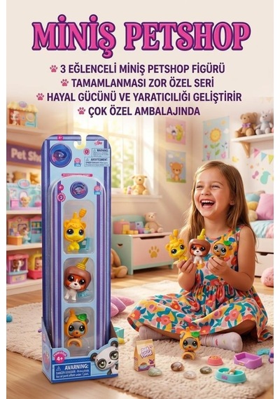 Miniş Petshop 3'lü Özel Seri Figür Seti - Koleksiyonluk Sevimli Miniş Hayvan Figürleri