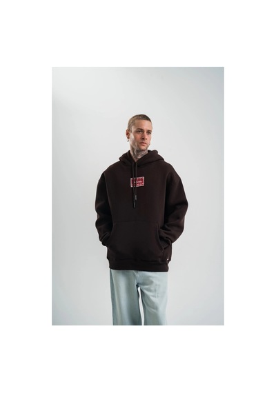 Erkek Nakışlı Kapüşonlu Oversize 3 İplik Pamuklu Sweatshirt Hoodie - Siyah Kahve