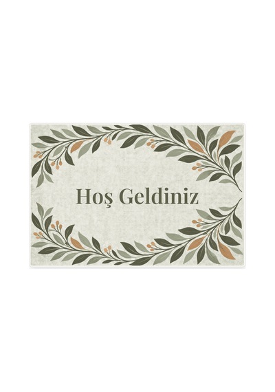 Kartela Halı Hoş Geldiniz Yazılı Yaprak Desenli Kapı Paspası Adaçayı Yeşili 40x60 Cm