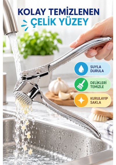 Paslanmaz Çelik Sarımsak Ezeceği Metal Hazneli Pratik Sarımsak Ezme Presi Gümüş