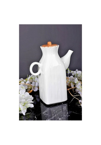 2'li Ahşap Standlı Kare Porselen 1000ml Yağlık&sirkelik 3'lu Yağdanlık Set Beyaz Beyaz