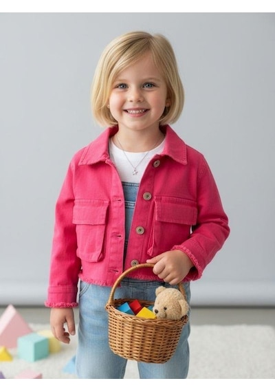 Zekids Kız Çocuk Yumuşak Dokulu Büyük Cepli Kısa Kot Ceket-16679 Fuşya