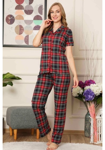 Farya Home Dreamy Ekoseli Pamuklu Biyeli Kısa Kollu Gömlek Pijama Takımı Siyah Bordo Siyah - Bordo