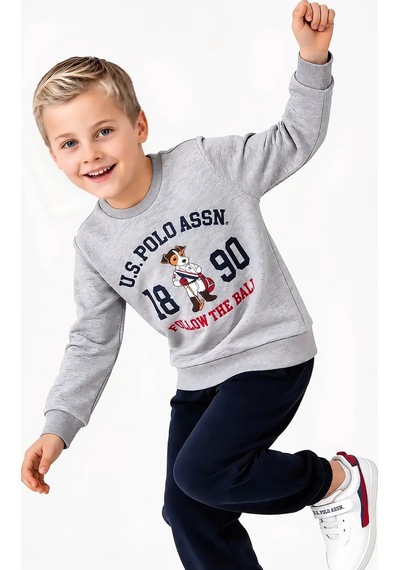 U.S. Polo Assn. Karakter Baskılı Sweatshirt & Eşofman Altı Erkek Çocuk İkili Takım Gri Melanj