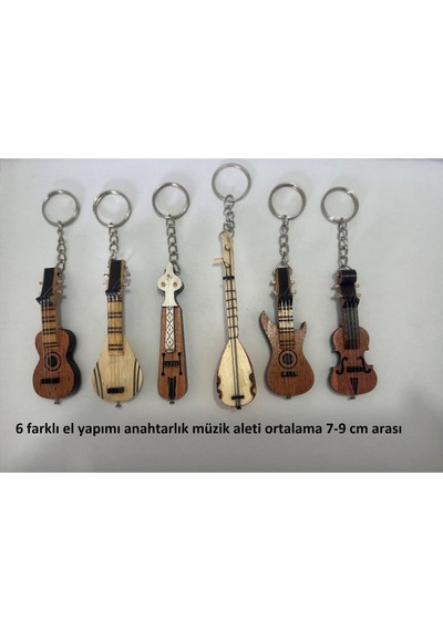 6 Adet Birden Ahşap El Yapımı Minyatür Anahtarlık Müzik Aleti Seti