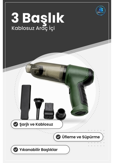 Şarjlı El Tipi Basınçlı Hava Üfleme Araç İçi Süpürge 3 Başlıklı O