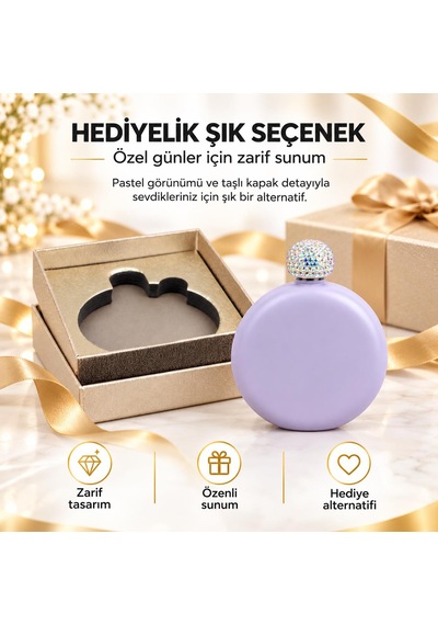 Lüks Taş İşlemeli Renkli Paslanmaz Çelik İçki Matarası 5 Oz 150 Ml. Cep Çanta Kamp Outdoor Hediyelik Lila