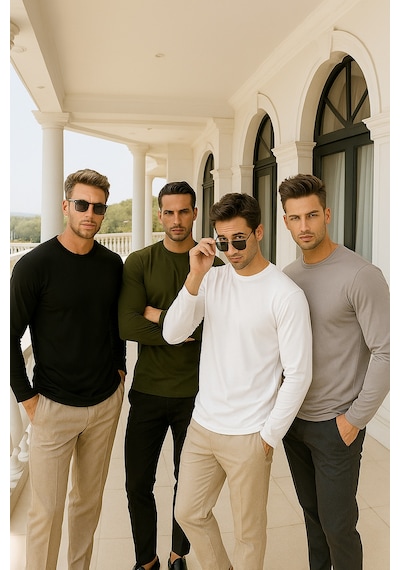 Rich Erkek Siyah-beyaz-grimelanj-haki 4'lü Paket Basic Uzun Kollu Tişört Body T-shirt Siyah