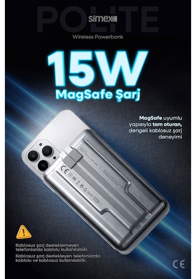 Simex 10.000mAh MagSafe Powerbank 15W Wireless / 22.5W Hızlı Şarj - Dahili Type-C Lightning Kablolu S-38