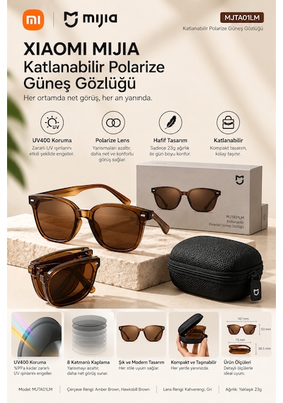 Mijia Katlanabilir Polarize Güneş Gözlüğü Uv400 8 Katmanlı Oar Kaplama Tac Lens Tr90 Amber Kahverengi Unisex Mjta01lm
