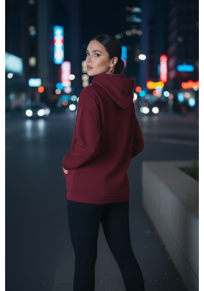 Bordo Şardonlu Kapüşonlu Sweatshirt Bordo
