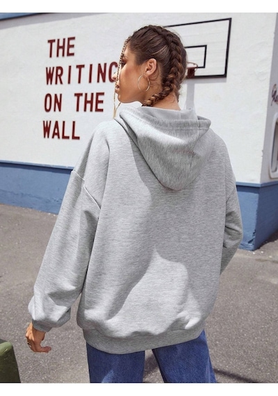 Passionate Baseball Sweatshirt - Gri Baskılı Oversize Kapüşonlu Gri