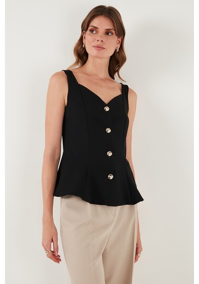 Lela Fitted Fit V Yaka Düğmeli Bayan Yelek 611Fyl145 Siyah