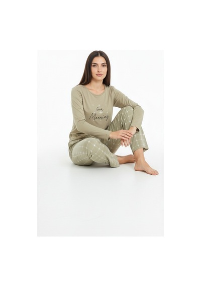 Üstü Yazılı Altı Kare Desenli Elite Viscose Uzun Pijama Takımı Yeşil 3554 Haki