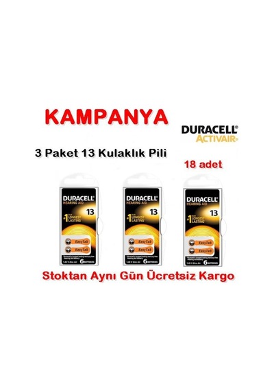 Duracell 13 Numara Pil Kulak İçi İşitme Cihazı Pili 3 Paket