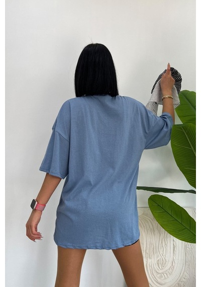 Startmore Unisex Pamuk Bisiklet Yaka Oversize T-shirt Bebe Mavisi