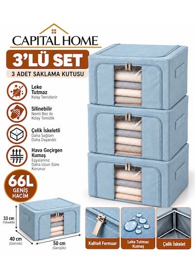 Capital Home 3 Lü Hurç Seti Çelik İskeletli+ Şeffaf Pencereli+çift Fermuarlı Mavi