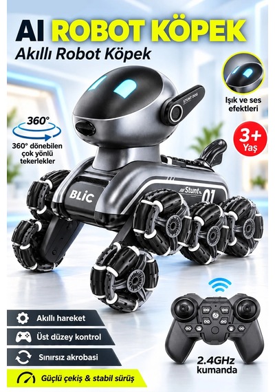 Exenar - Siyah - Uzaktan Kumandalı Akıllı Robot Köpek Oyuncak Jest Kontrollü Drift Yapan Işıklı Sesli Akrobatik Stunt Gümüş