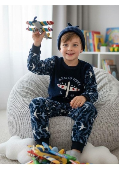 Zekids Erkek Çocuk Uçak Polar Desenli Pijama Takımı-16813 Lacivert