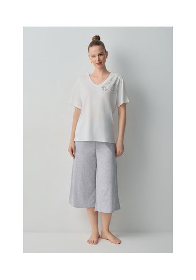 Suwen Dotty Pamuklu Kapri Pijama Takımı Wsh10510007051 Gri Melanj