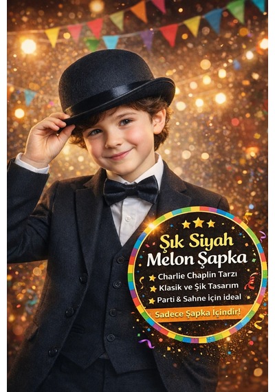 Charlie Chaplin Baston Ve Melon Şapka Seti 90 Cm Sihirbaz Parti Gösteri - 5 - 12 Yaş