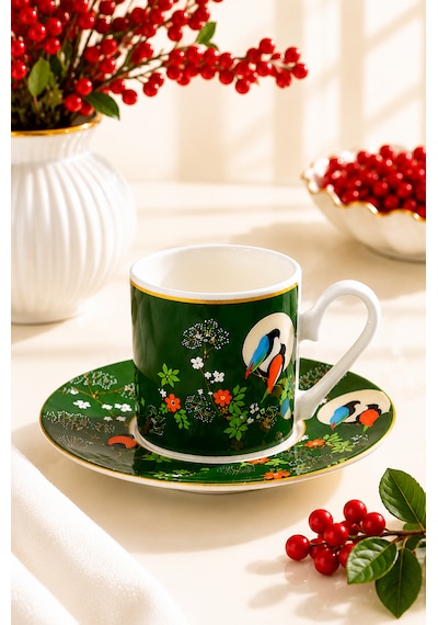 2 Kişilik Porselen Lovelybirds Kırmızı Yeşil Özel Tasarım Kahve Fincan Takımı Seti 90ml Kırmızı - Yeşil