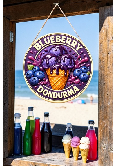 Blueberry Dondurma Görselli Ahşap İpli Kapı Duvar Süsü Renkli Cafe Duvar Panosu