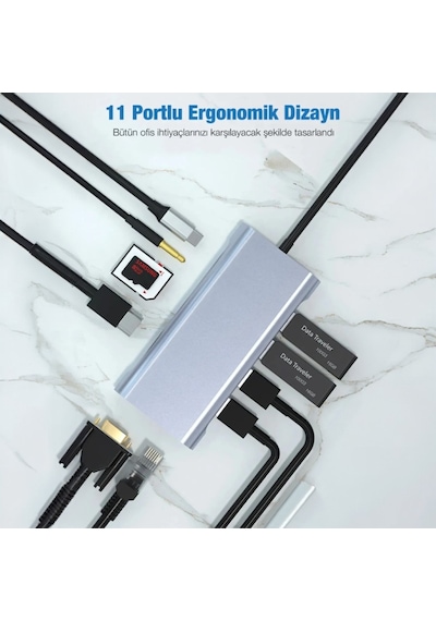 11in1 Type-c To Usb Hdmı 4xusb Rj45 Hdmi Vga Sd Tf Card Çevirici Adaptör
