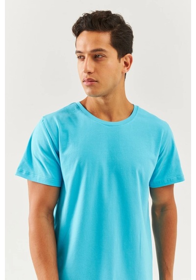 Erkek Oversize Rahat %100 Pamuklu Penye Bisiklet Yaka Kısa Kol Basic T-shirt Aqua
