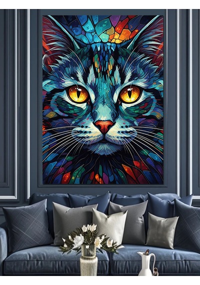 Ahşap Tablo Neon Renkli Kedi Portresi