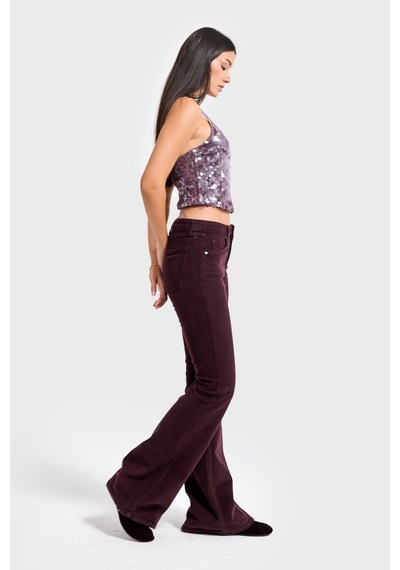 Itsbasic Kadın Koyu Bordo 29w5-153 Flare Fit Esnek İnce Fitilli Velvet Kadife Kumaş Pantolon