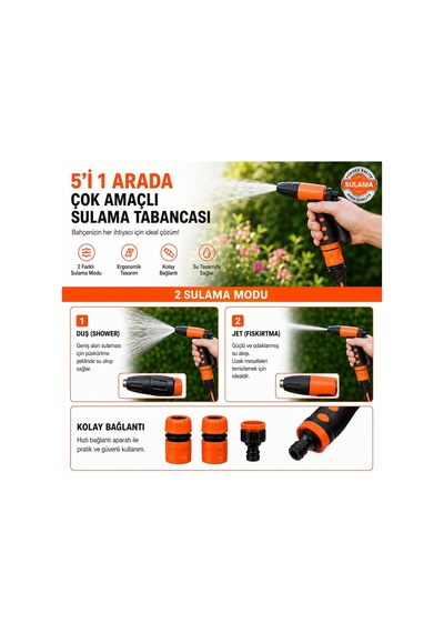 Kınetex 5'i 1 Arada Sulama Tabancası, 5 Modlu Ayarlanabilir Bahçe Hortumu Başlığı, Ergonomik Tetikli Su Püskürtme Aparatı, Hortum Bağlantı Adaptörlü Bahçe Yıkama Ve Sulama Seti