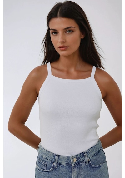 Hiccup Halter Yaka Fitilli Basic Üst Beyaz