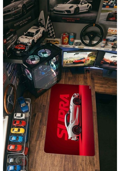 Toyota Supra Beyaz Kırmızı Tasarım 40x90 Cm Oyuncu Mousepad Kaymaz Taban Büyük Boy Siyah