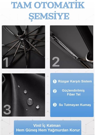 Fitfiyat 10 Tel Tam Otomatik Ahşap Rüzgara Suya Dayanıklı Şemsiye Ahşap Renk