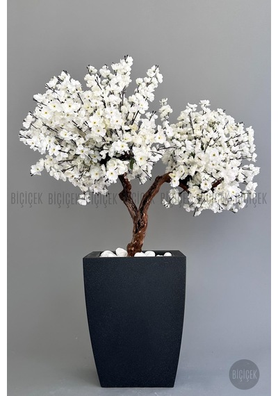 Biçiçek Yapay Beyaz Sakura Ağacı 100 Cm Bahar Dalı Antresi̇t Kare Saksıda