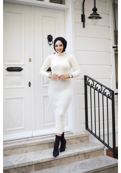 Hira Life Fashion Kadın Elbise Tesettür Giyim Balıkçı Yaka Ve Dar Kesim Triko Kalem Elbise Krem Krem