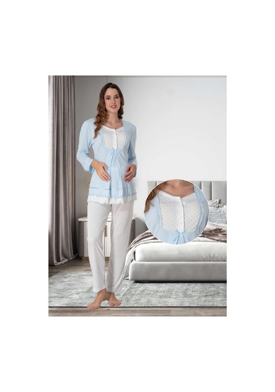 Effortt Dvina Lohusa Hamile Uzun Kollu Puantiyeli Pijama Takımı - Mavi Mavi