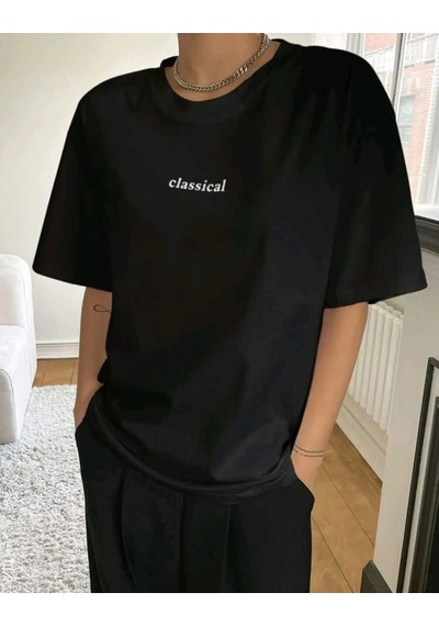 Kadın Siyah Classical Ön Baskılı Oversize T-shirt SIYAH