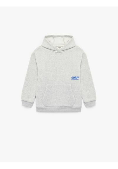 Koton Uzun Kollu Baskılı Şardonlu Kanguru Cep Kapşonlu Sweatshirt Gri Melanj 7wkb10427tk