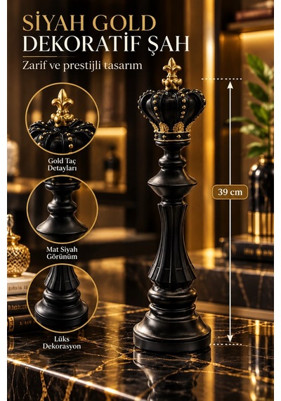 Siyah Gold Kral Taç Figürlü Dekoratif Satranç Biblosu Lüks Masa Ve Ofis Aksesuarı