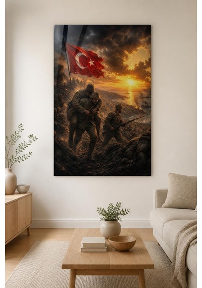 Çanakkale Savaşı Temalı Baskılı Cam Tablo Türk Bayraklı Uv Baskı Duvar Tablosu