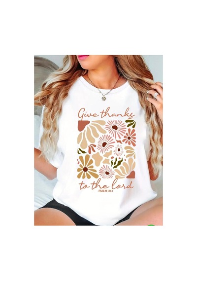 Medinenur Give Thanks Baskılı Basic T-shirt Beyaz