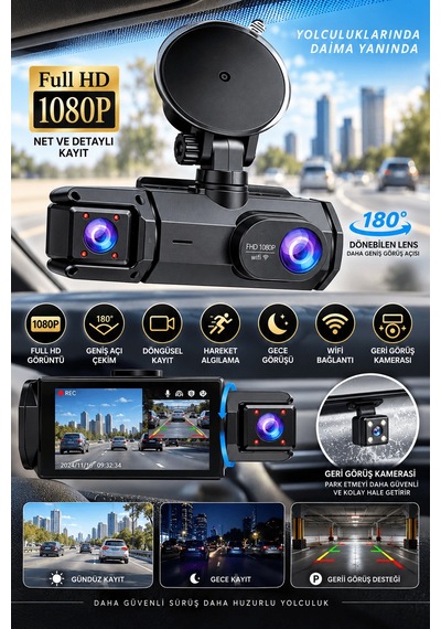 Full - 255 - Hd 1080p Çift Kamera 180 Geniş Açı Wifi - Cadde101 - Şarjlı Kullanım